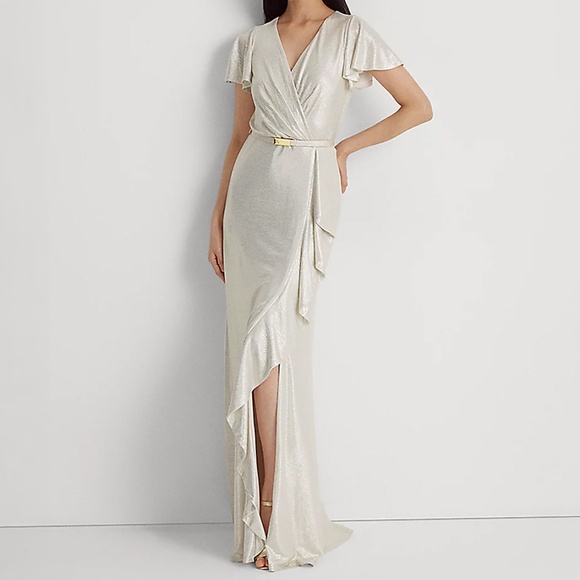 Lauren Ralph Lauren - Metallic Knit Flutter-Sleeve Gown - Picture 1 of 15